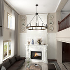 Lustre Acroma style ferme à 12 lumières, forme roue de chariot, 101,6 cm (40 po), homologué UL - Profondeur : 101,6 cm (40 po) ; Hauteur : 350 cm (138 po).