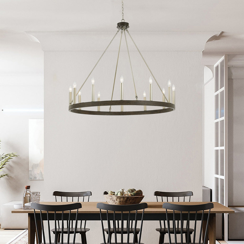 Lustre Acroma style ferme à 12 lumières, forme roue de chariot, 101,6 cm (40 po), homologué UL - Profondeur : 101,6 cm (40 po) ; Hauteur : 350 cm (138 po).