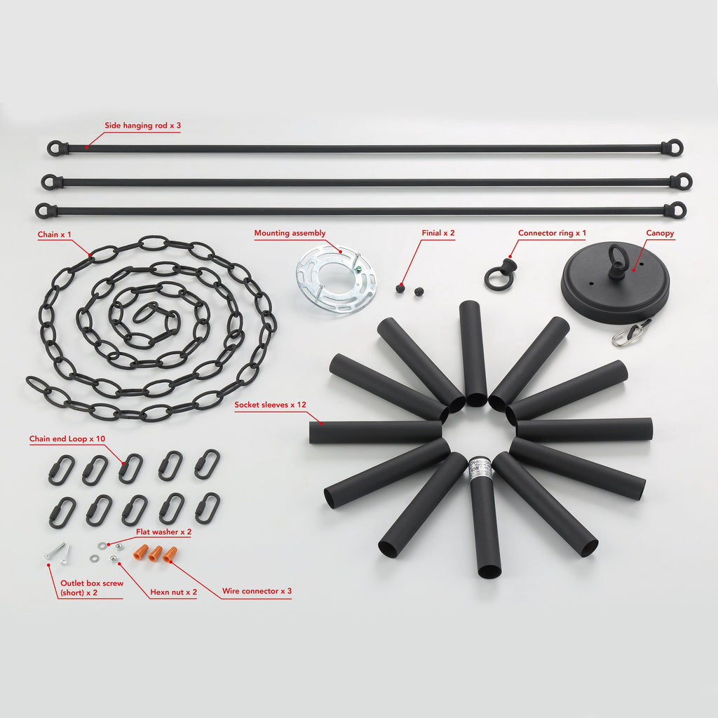 Lustre Acroma style ferme à 12 lumières, forme roue de chariot, 101,6 cm (40 po), homologué UL - Profondeur : 101,6 cm (40 po) ; Hauteur : 350 cm (138 po).