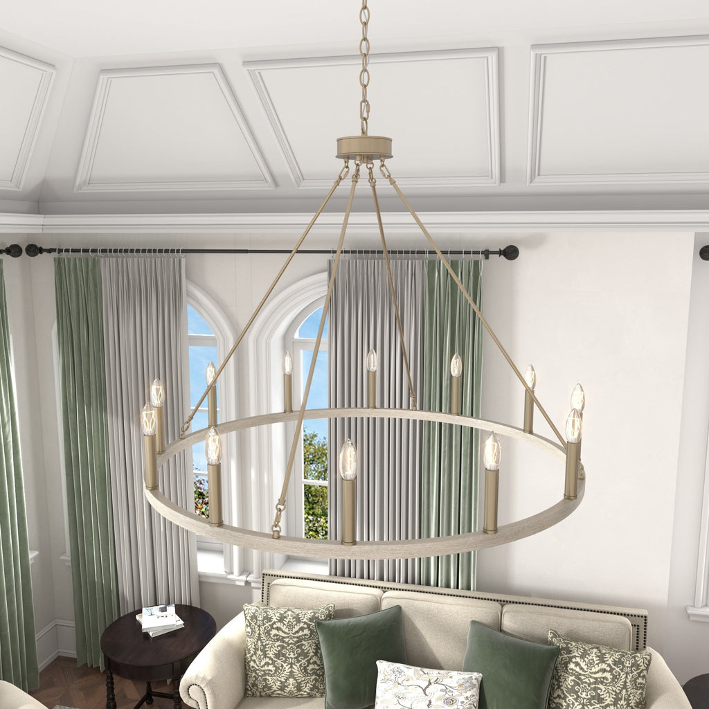 Lustre Acroma style ferme à 12 lumières, forme roue de chariot, 101,6 cm (40 po), homologué UL - Profondeur : 101,6 cm (40 po) ; Hauteur : 350 cm (138 po).