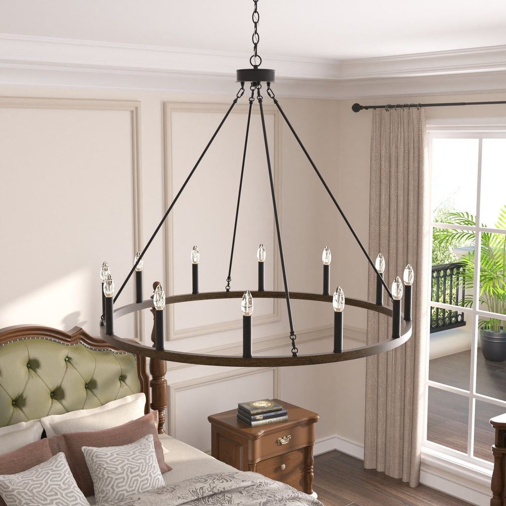 Lustre Acroma style ferme à 12 lumières, forme roue de chariot, 101,6 cm (40 po), homologué UL - Profondeur : 101,6 cm (40 po) ; Hauteur : 350 cm (138 po).