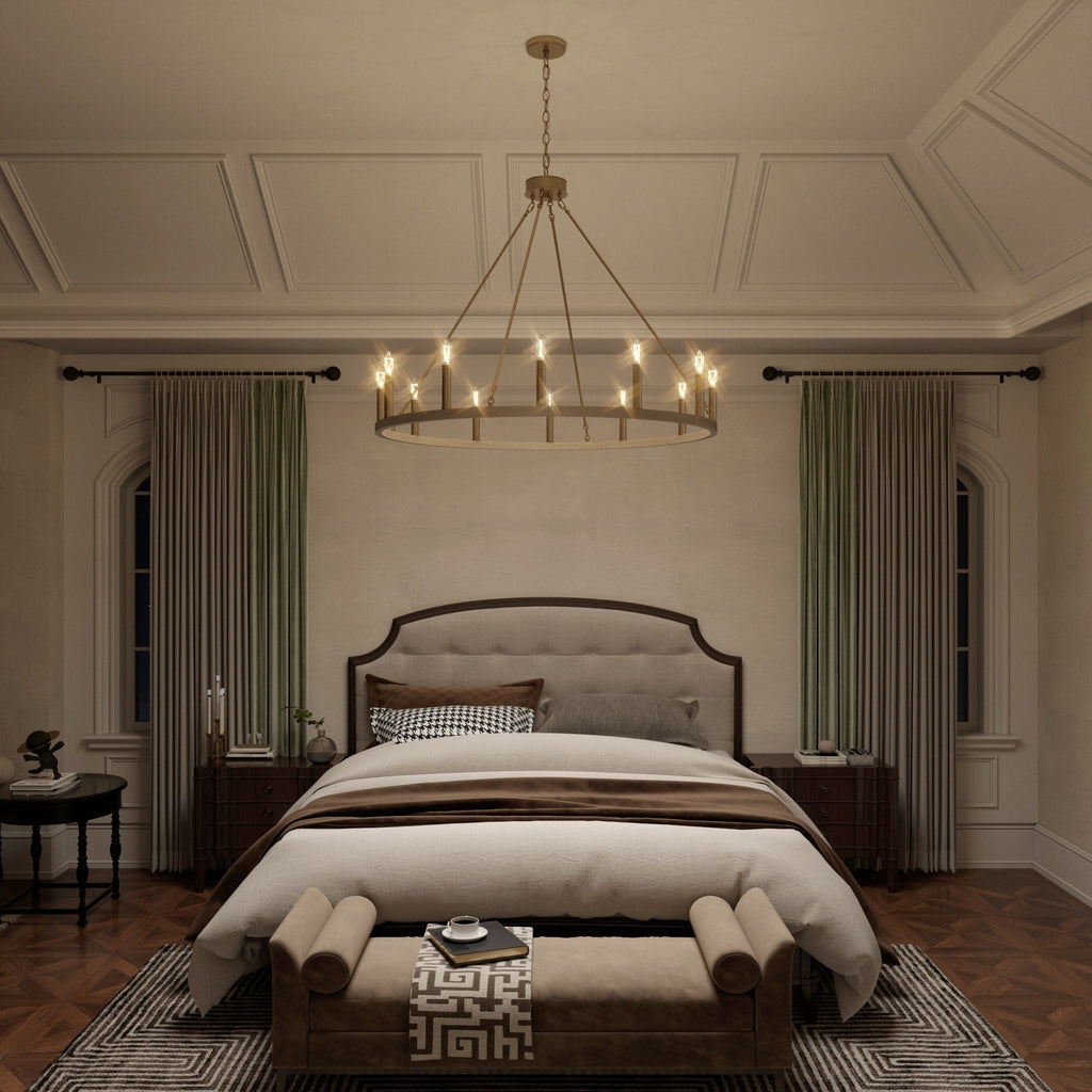 Lustre Acroma style ferme à 12 lumières, forme roue de chariot, 101,6 cm (40 po), homologué UL - Profondeur : 101,6 cm (40 po) ; Hauteur : 350 cm (138 po).