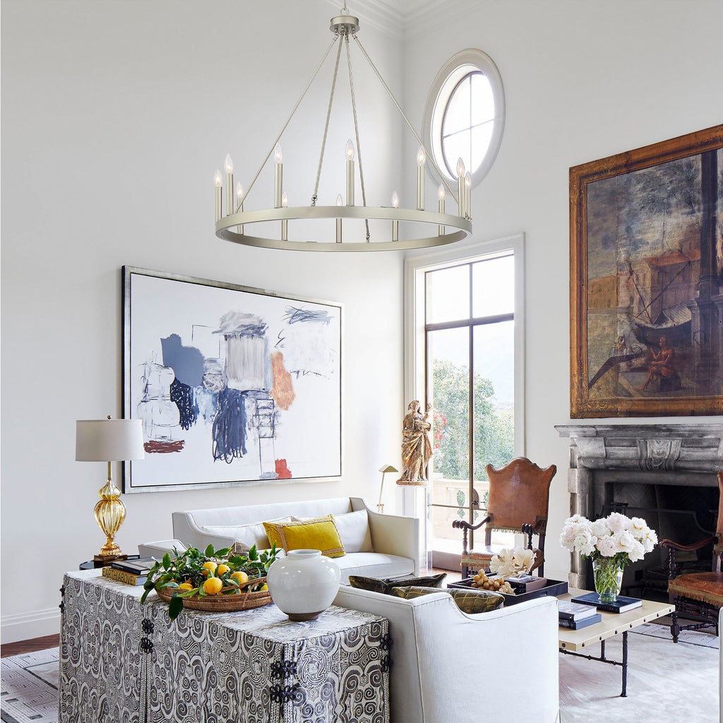 Lustre Acroma style ferme à 12 lumières, forme roue de chariot, 101,6 cm (40 po), homologué UL - Profondeur : 101,6 cm (40 po) ; Hauteur : 350 cm (138 po).