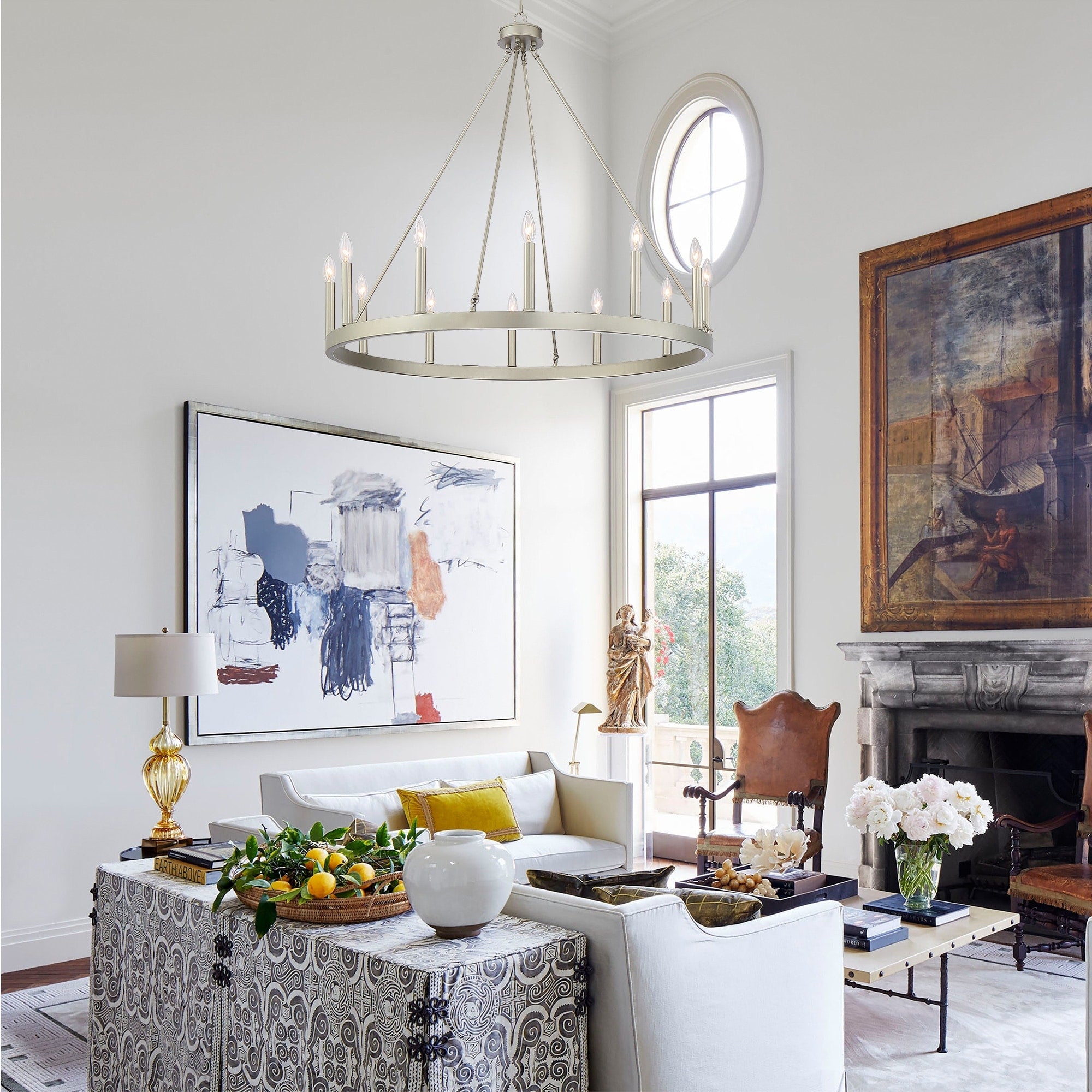 Lustre Acroma style ferme à 12 lumières, forme roue de chariot, 101,6 cm (40 po), homologué UL - Profondeur : 101,6 cm (40 po) ; Hauteur : 350 cm (138 po).