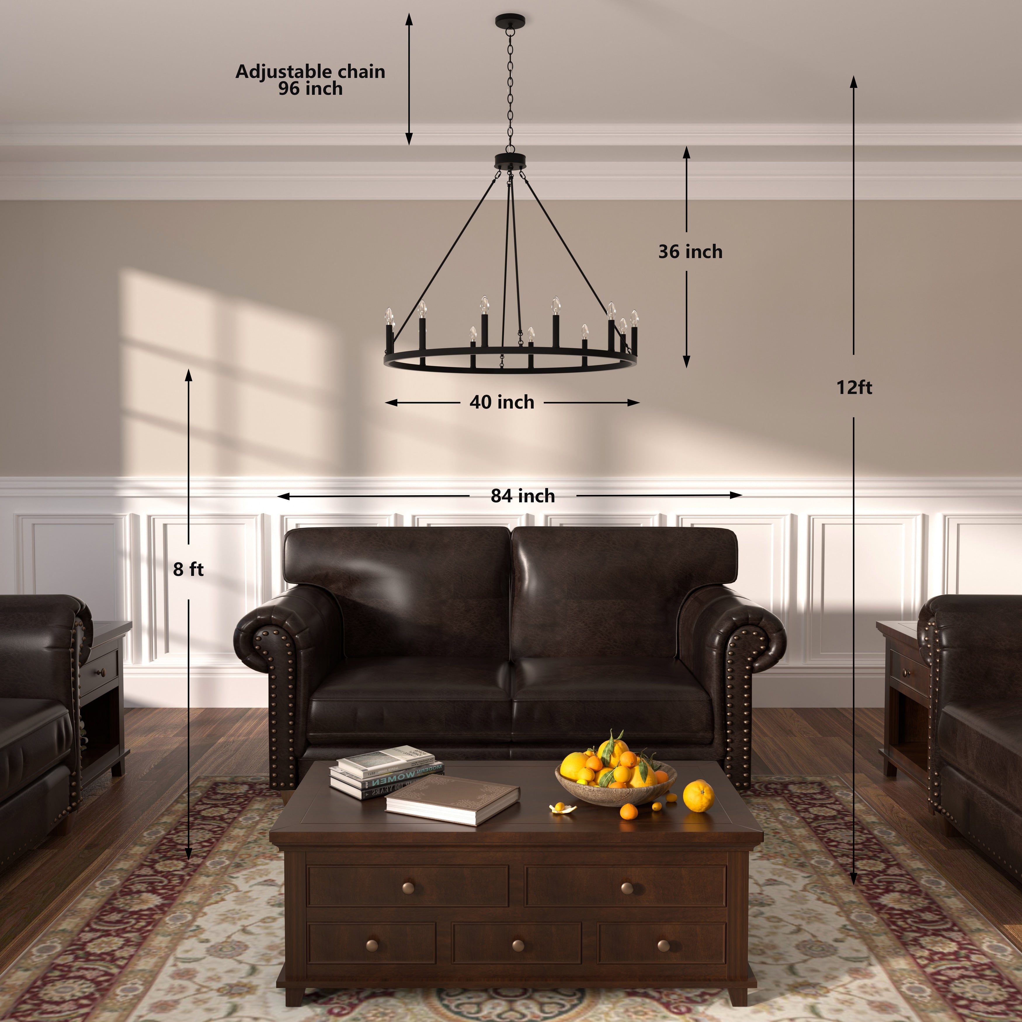 Lustre Acroma style ferme à 12 lumières, forme roue de chariot, 101,6 cm (40 po), homologué UL - Profondeur : 101,6 cm (40 po) ; Hauteur : 350 cm (138 po).