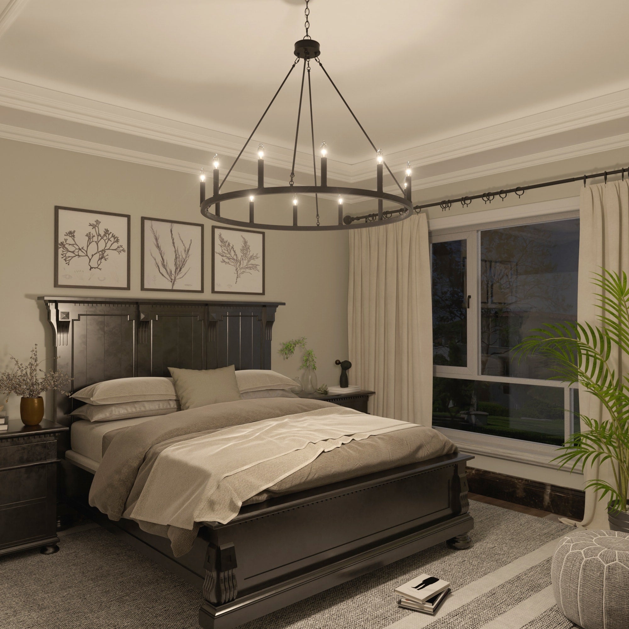 Lustre Acroma style ferme à 12 lumières, forme roue de chariot, 101,6 cm (40 po), homologué UL - Profondeur : 101,6 cm (40 po) ; Hauteur : 350 cm (138 po).