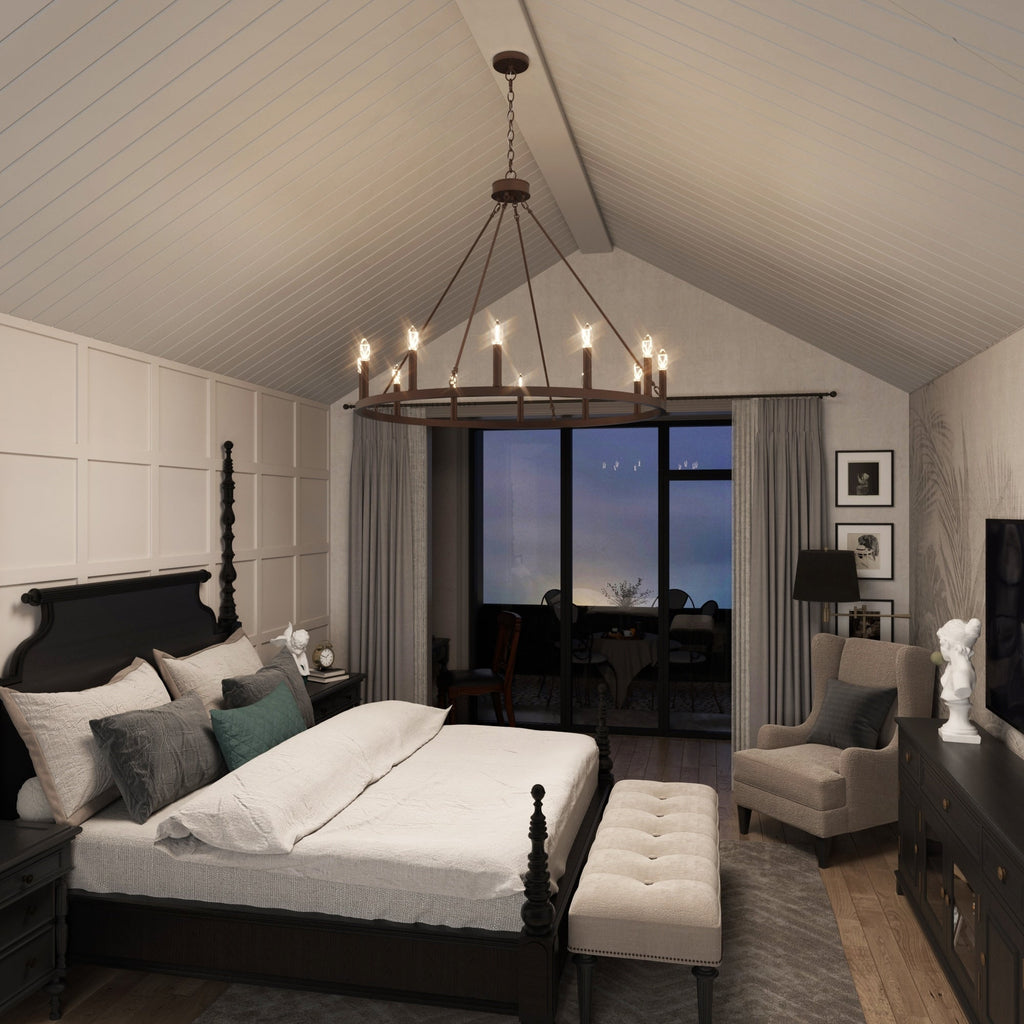 Lustre Acroma style ferme à 12 lumières, forme roue de chariot, 101,6 cm (40 po), homologué UL - Profondeur : 101,6 cm (40 po) ; Hauteur : 350 cm (138 po).