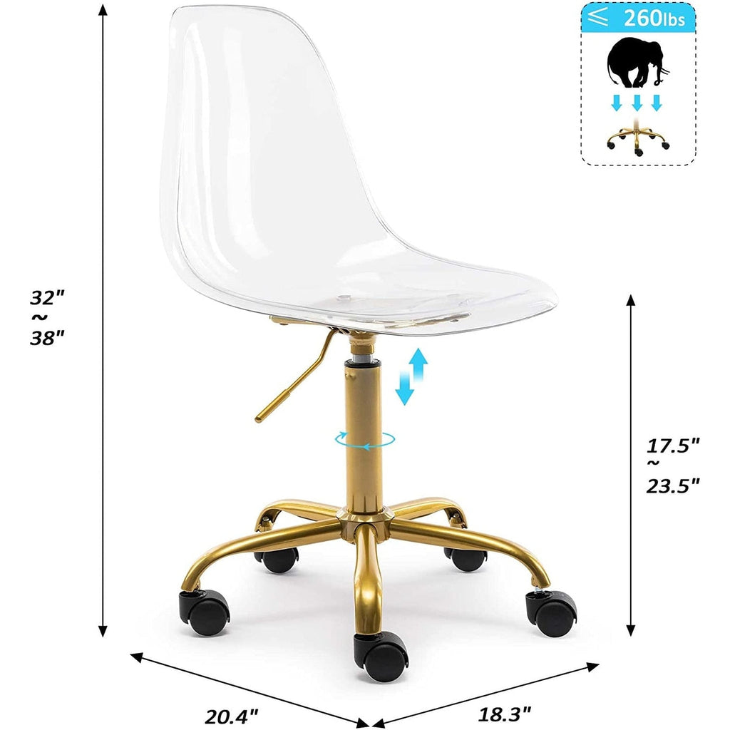 Chaise de bureau à roulettes pivotante en acrylique, sans accoudoirs et réglable en hauteur