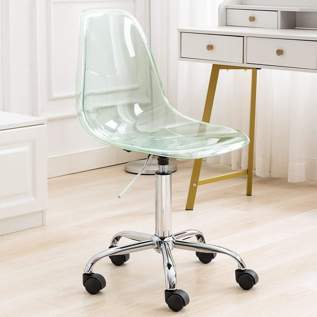 Chaise de bureau à roulettes pivotante en acrylique, sans accoudoirs et réglable en hauteur