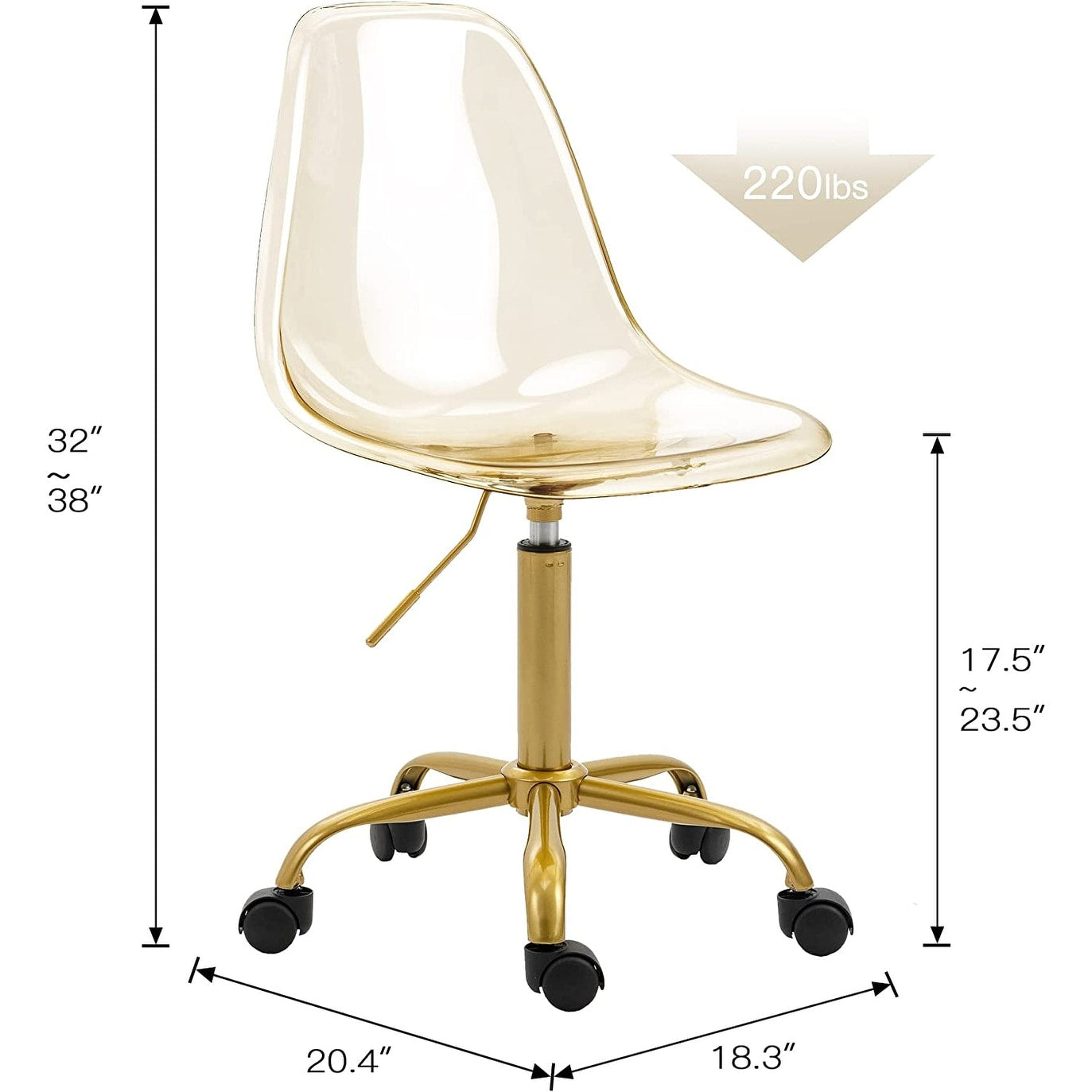 Chaise de bureau à roulettes pivotante en acrylique, sans accoudoirs et réglable en hauteur
