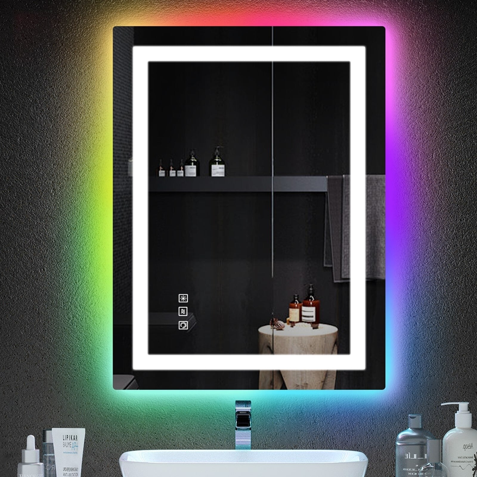 Miroir de salle de bain antibuée rétroéclairé RGB et éclairé par LED