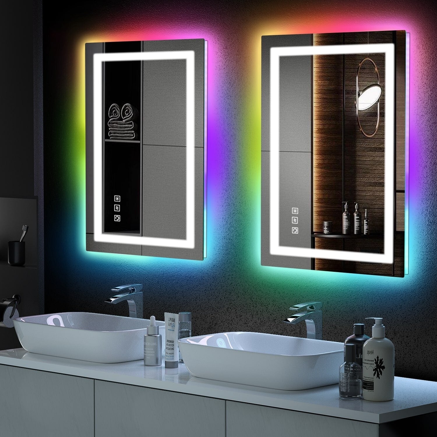 Miroir de salle de bain antibuée rétroéclairé RGB et éclairé par LED