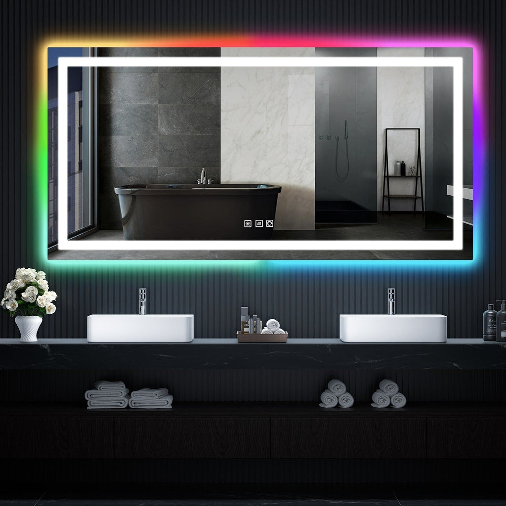 Miroir de salle de bain antibuée rétroéclairé RGB et éclairé par LED