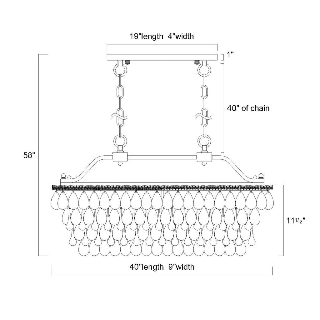 Luminaire rectangulaire à 6 lumières pour îlot de cuisine, en bronze antique, avec suspension en cristal - Bronze antique