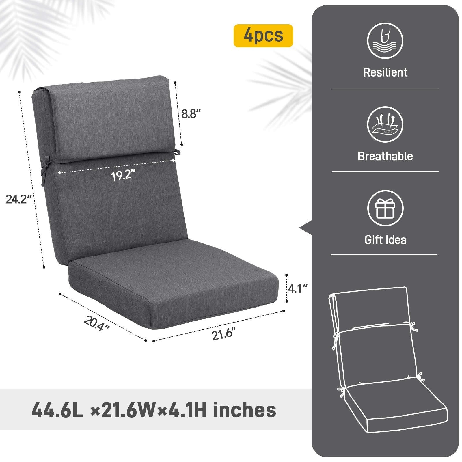 Ensemble de 4 coussins pour chaise de patio à dossier haut Aoodor, 46 x 21 x 4 pouces (coussins seulement)