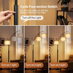 Lampadaire LED arqué à 3 lumières, dimmable, moderne, noir, haut.