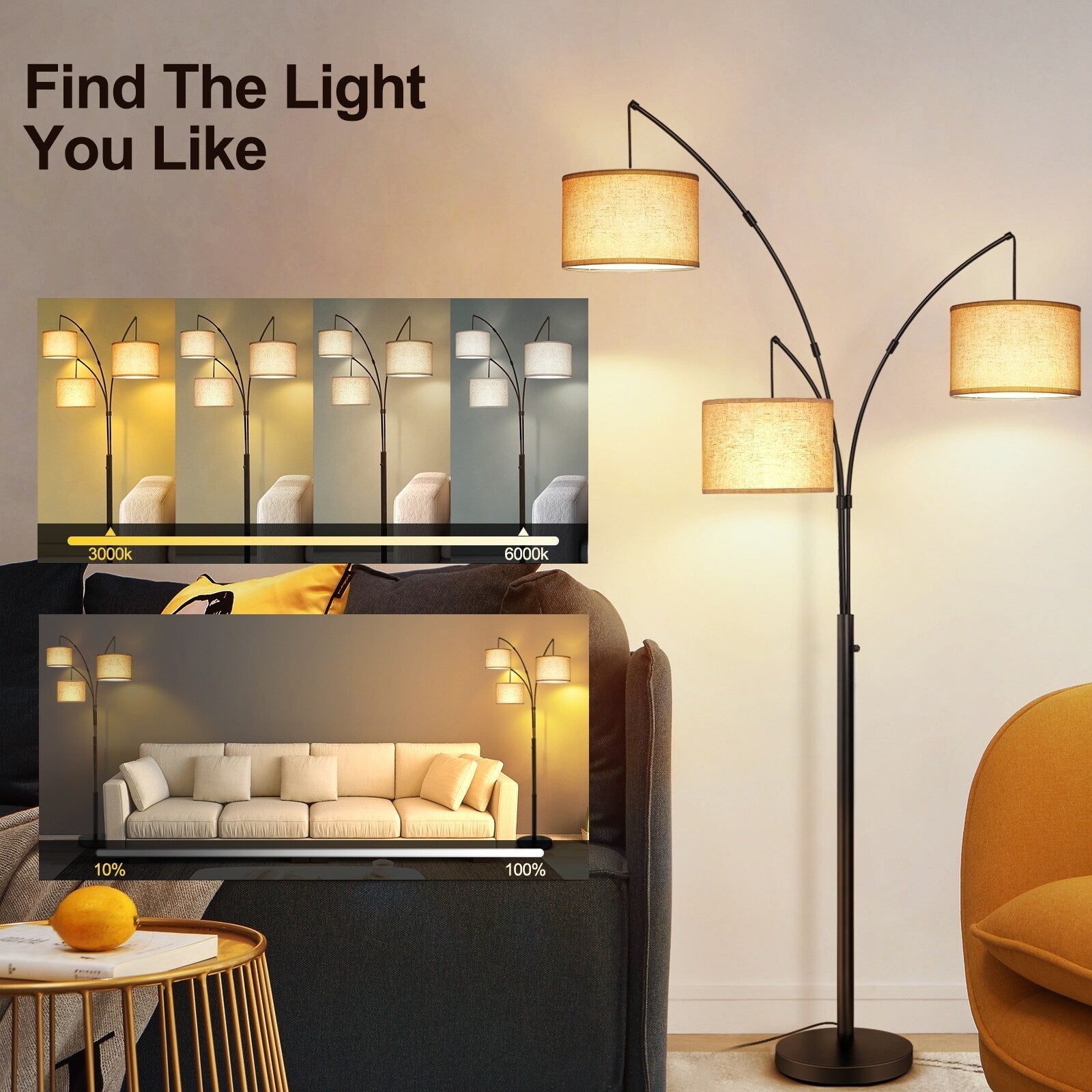 Lampadaire LED arqué à 3 lumières, dimmable, moderne, noir, haut.