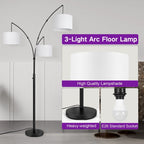 Lampadaire LED arqué à 3 lumières, dimmable, moderne, noir, haut.
