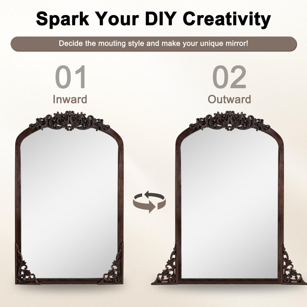 Miroir sur pied arqué en bois massif sculpté