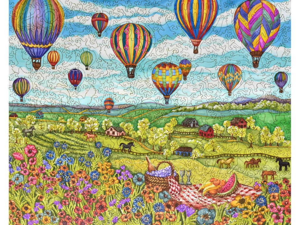 Ballons puzzle de la Liberté au-dessus des terres agricoles