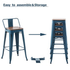Ensemble de 4 tabourets de bar industriels en métal avec dossier et assise en bois
