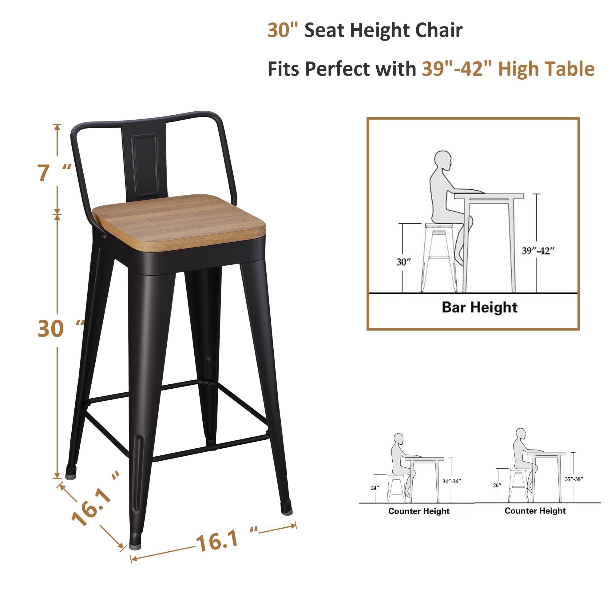 Ensemble de 4 tabourets de bar industriels en métal avec dossier et assise en bois