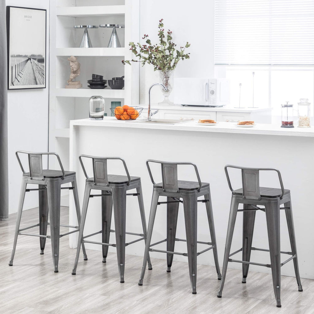 Ensemble de 4 tabourets de bar industriels en métal avec dossier et assise en bois