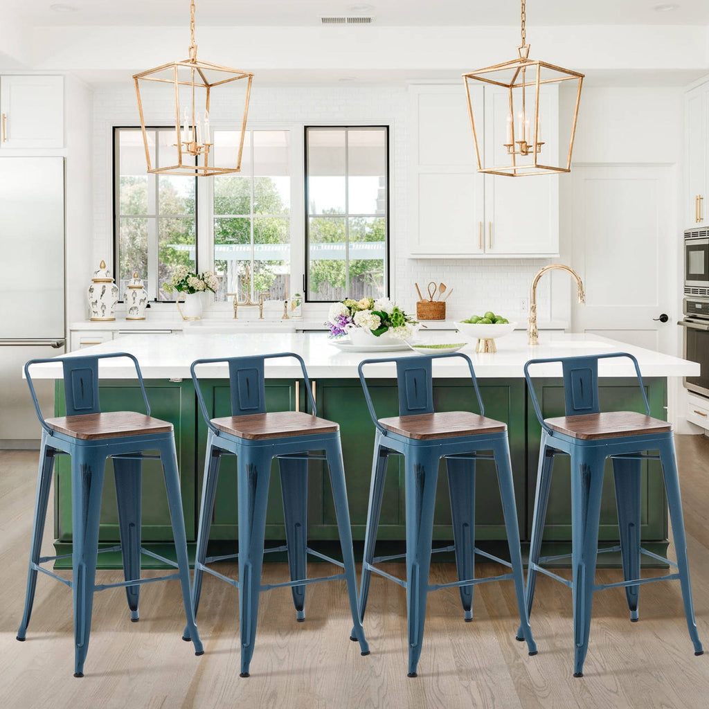 Ensemble de 4 tabourets de bar industriels en métal avec dossier et assise en bois