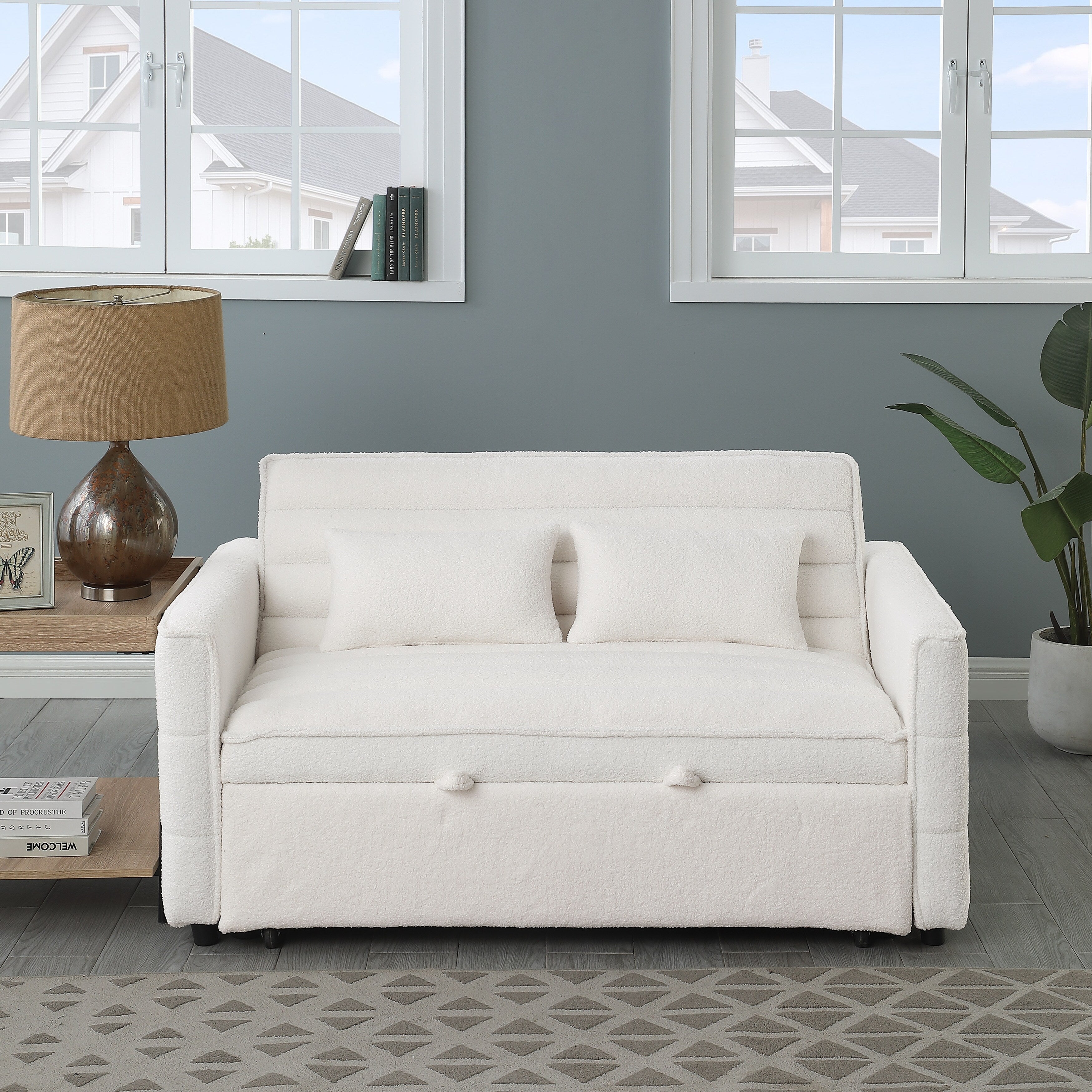 Canapé-lit convertible deux places en tissu bouclé beige 55,12 avec dossier réglable et 2 coussins lombaires pour salon