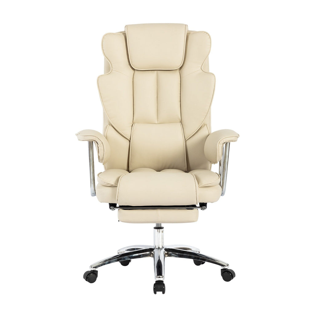 Fauteuil de bureau ergonomique pivotant à 360° en cuir reconstitué beige, dossier haut, dossier haut, soutien lombaire, repose-pieds, hauteur réglable