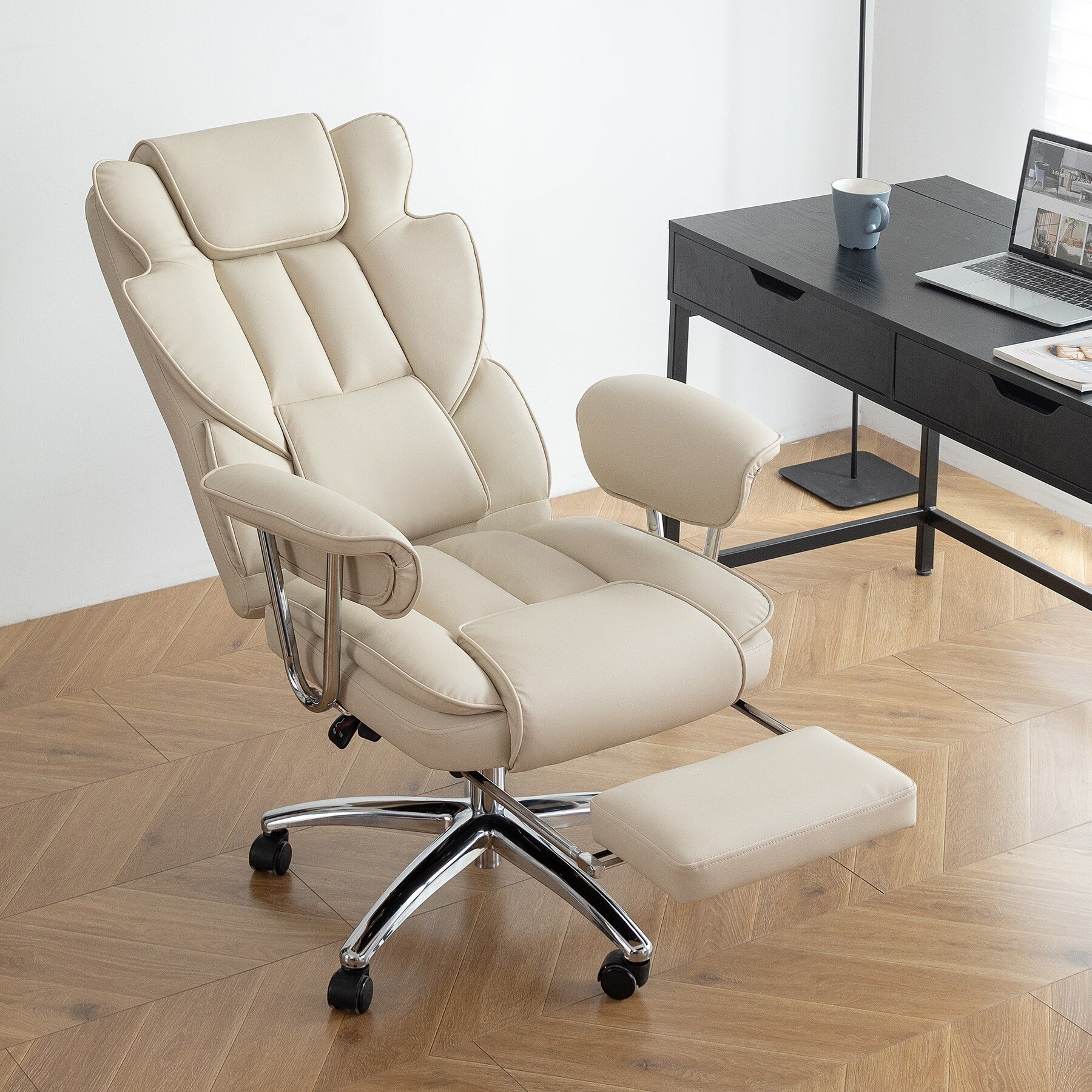 Fauteuil de bureau ergonomique pivotant à 360° en cuir reconstitué beige, dossier haut, dossier haut, soutien lombaire, repose-pieds, hauteur réglable