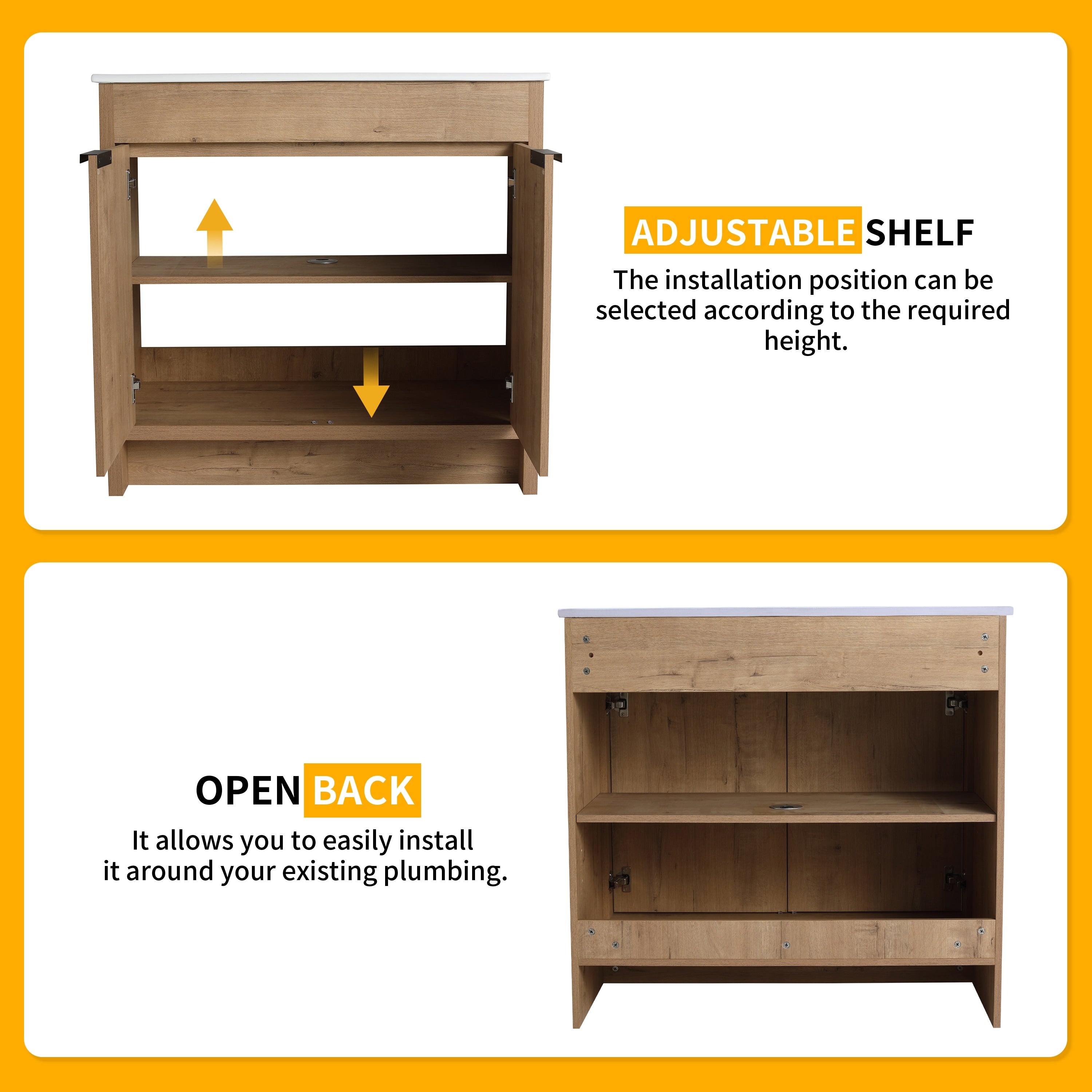 Meuble-lavabo Beingnext 24/30/36 avec vasque, meuble-lavabo autoportant avec porte à fermeture douce et étagère réglable