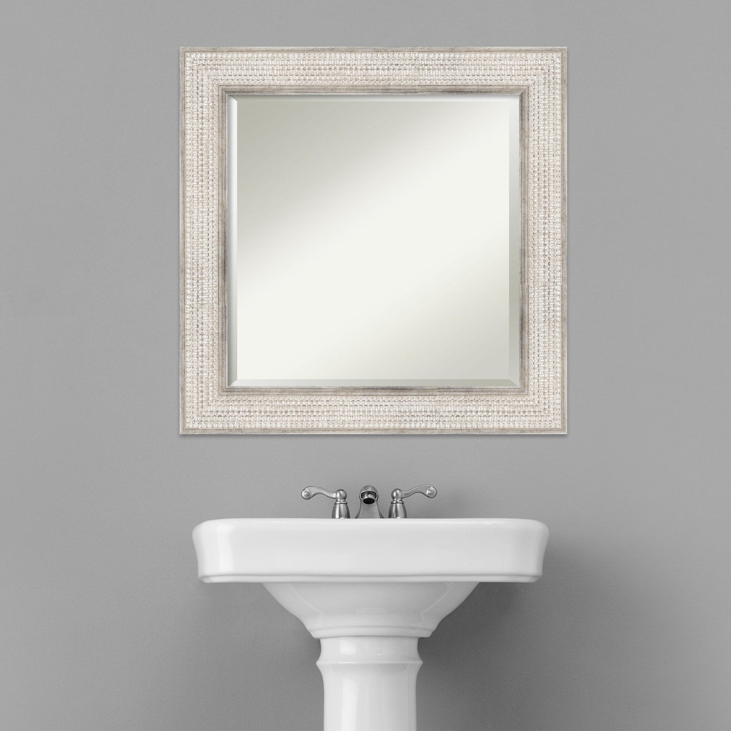 Miroir mural de salle de bain en bois biseauté - Cadre argenté à motif treillis - Argent treillis