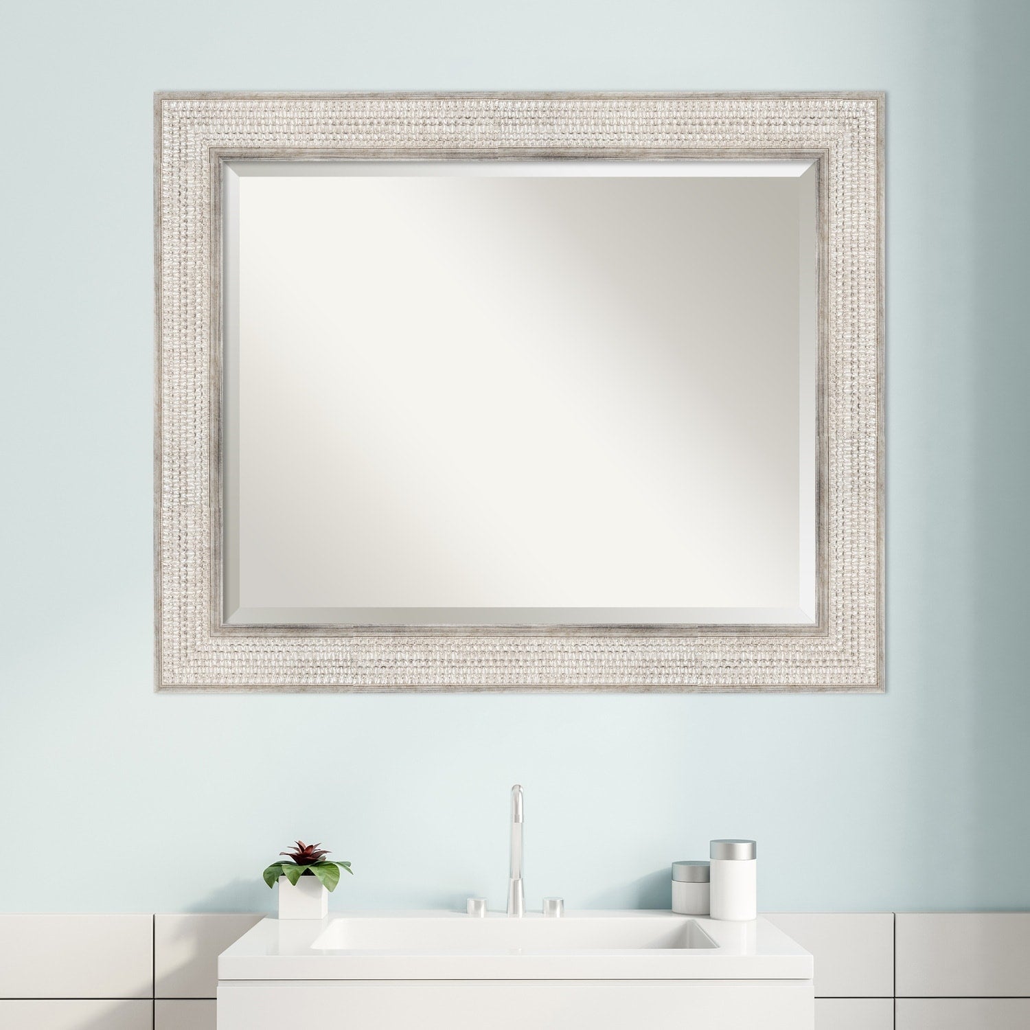 Miroir mural de salle de bain en bois biseauté - Cadre argenté à motif treillis - Argent treillis