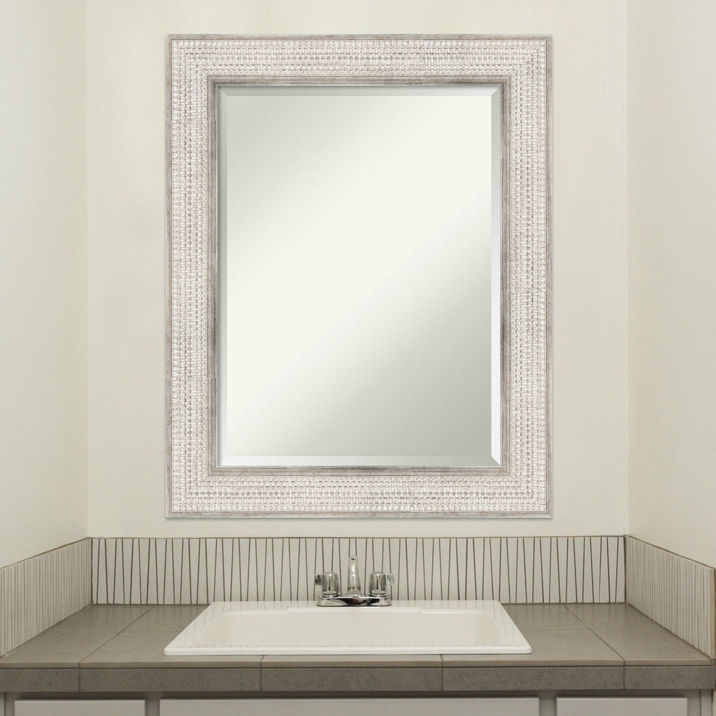 Miroir mural de salle de bain en bois biseauté - Cadre argenté à motif treillis - Argent treillis