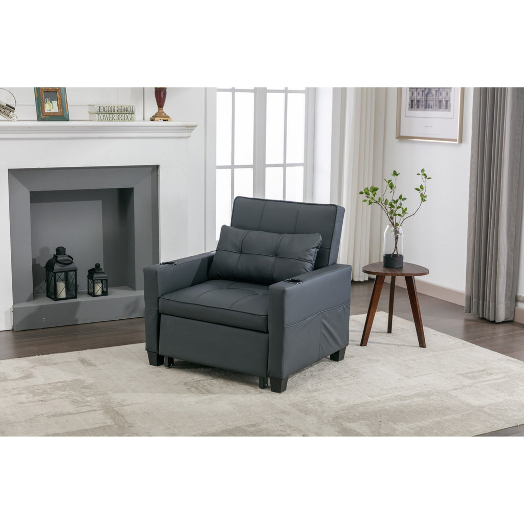 Canapé-lit convertible en similicuir noir avec ports USB