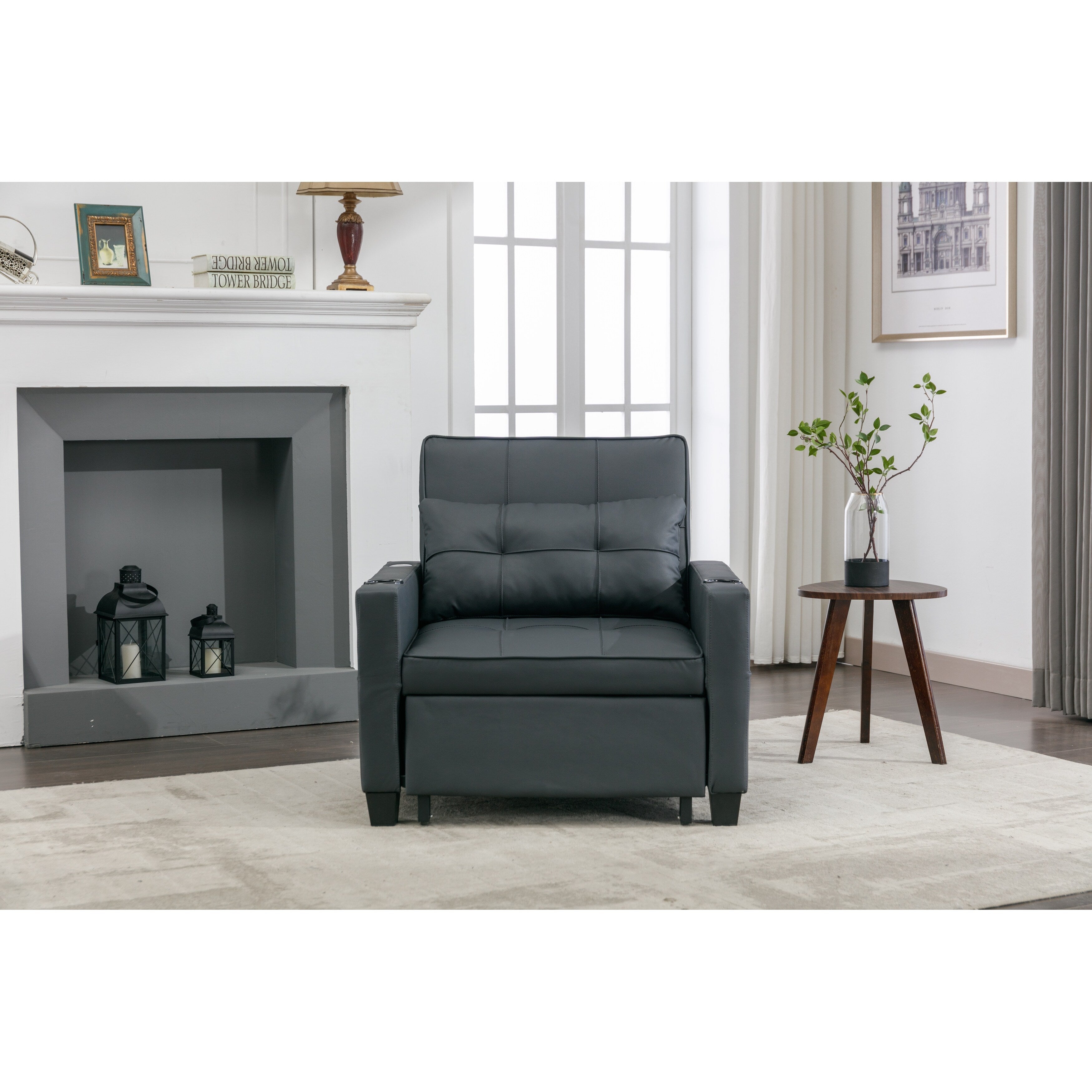 Canapé-lit convertible en similicuir noir avec ports USB