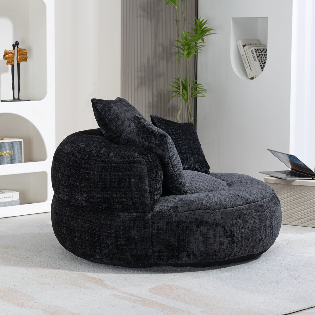 Pouf poire géant noir surdimensionné en chenille de 42,52 pouces avec trois coussins pour chambre à coucher