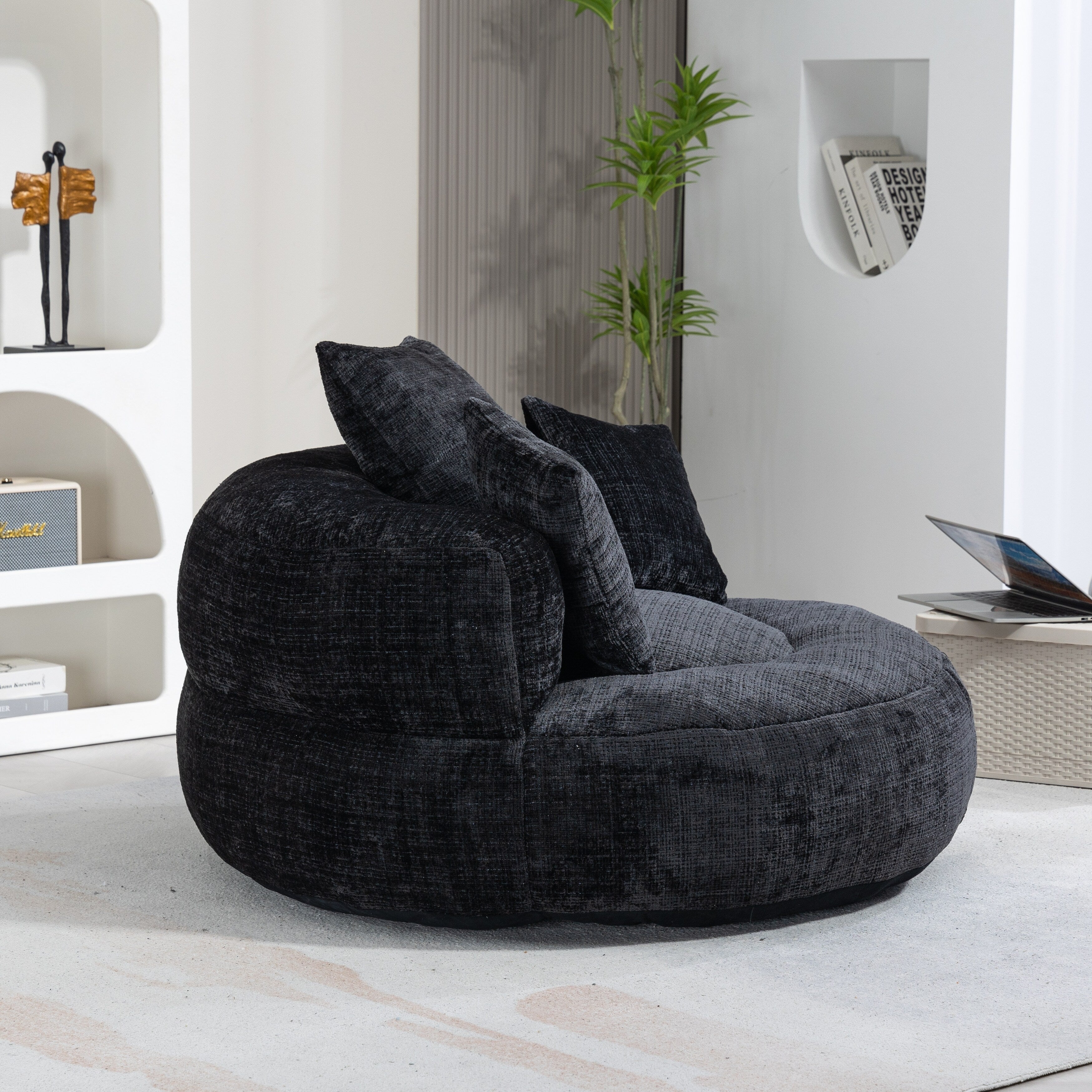 Pouf poire géant noir surdimensionné en chenille de 42,52 pouces avec trois coussins pour chambre à coucher