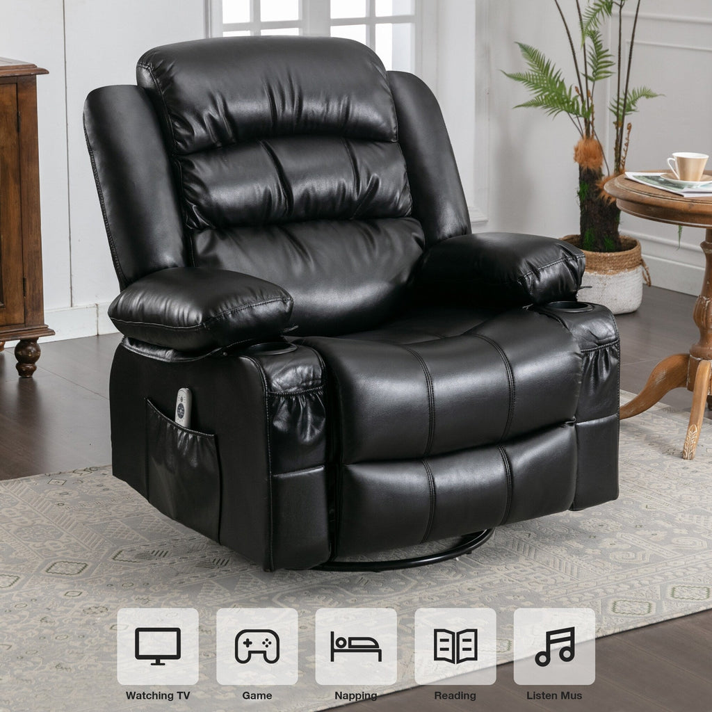 Fauteuil inclinable pivotant noir avec chauffage, massage et ports USB