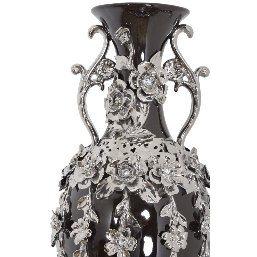 Vase fleuri noir et argent orné de pierres précieuses, 89 cm de haut