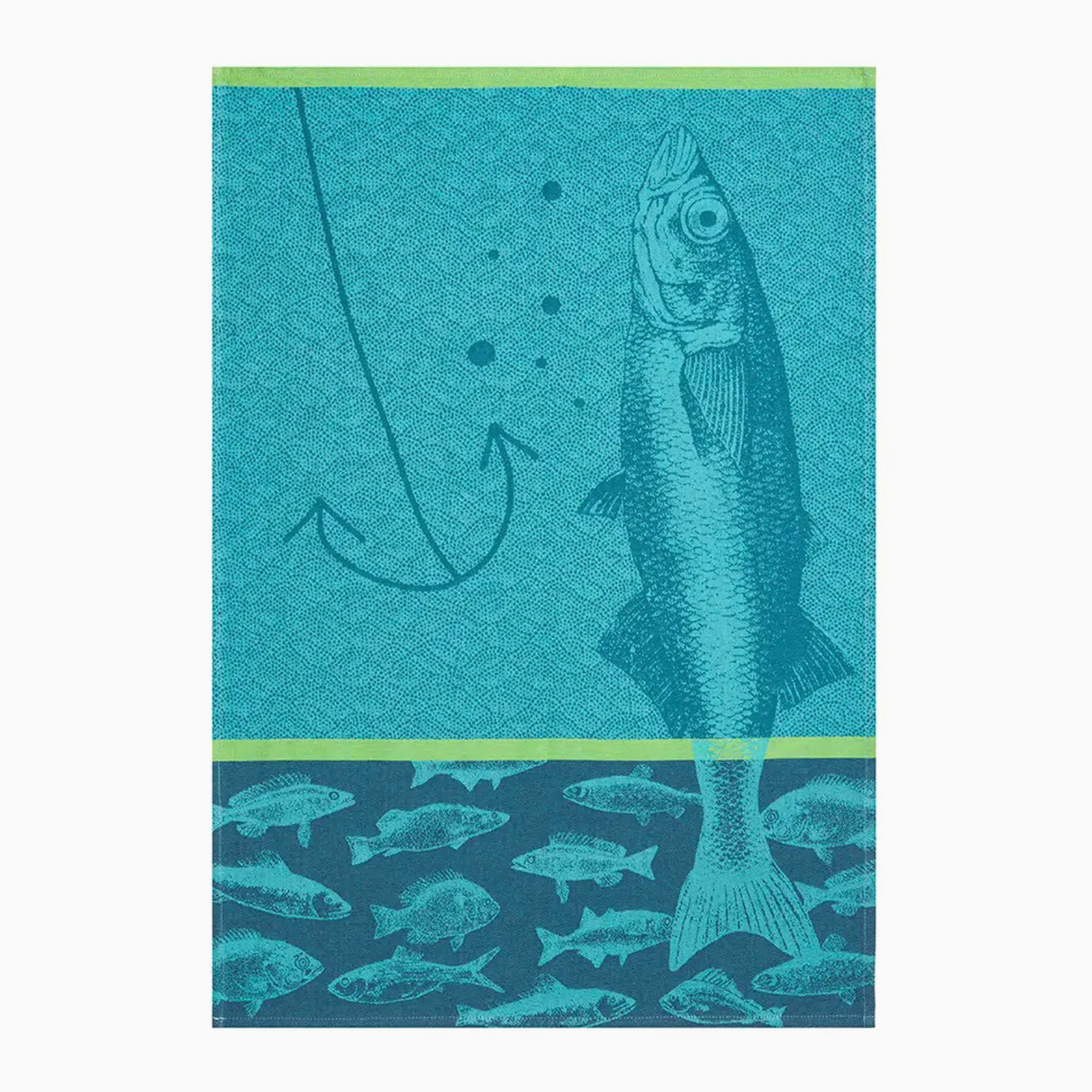 Torchon jacquard français à poissons bleus