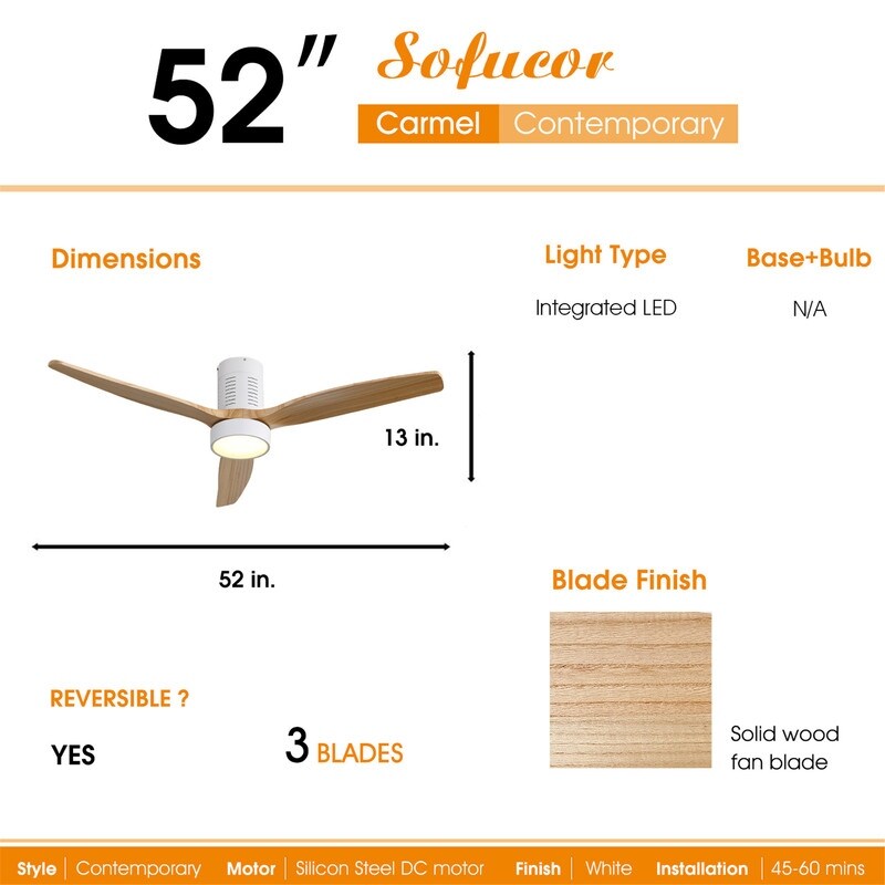 Ventilateur de plafond encastré de style campagnard de 132 cm (52 ​​pouces) avec lumière et télécommande, moteur CC réversible