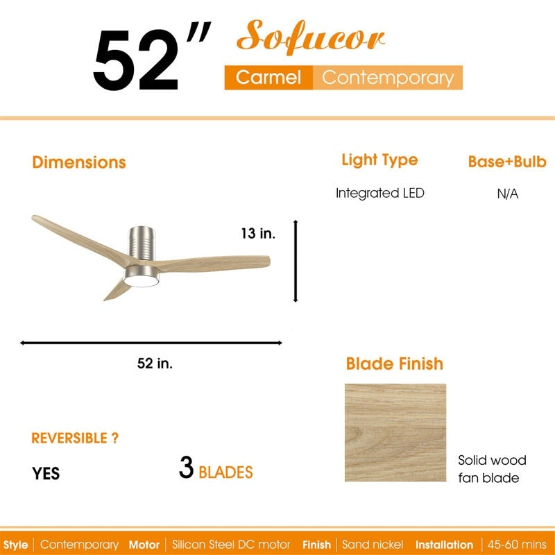 Ventilateur de plafond encastré de style campagnard de 132 cm (52 ​​pouces) avec lumière et télécommande, moteur CC réversible