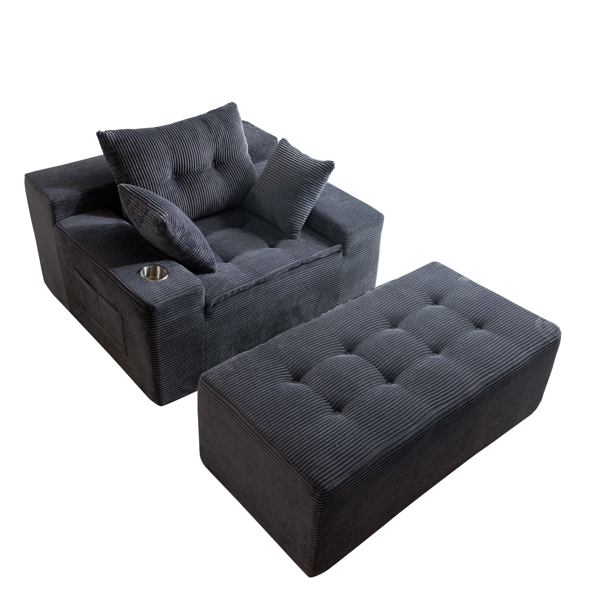 Canapé en velours côtelé avec pouf intégré et mousse à mémoire de forme - 123 cm (L) x 172 cm (l) x 62 cm (H)