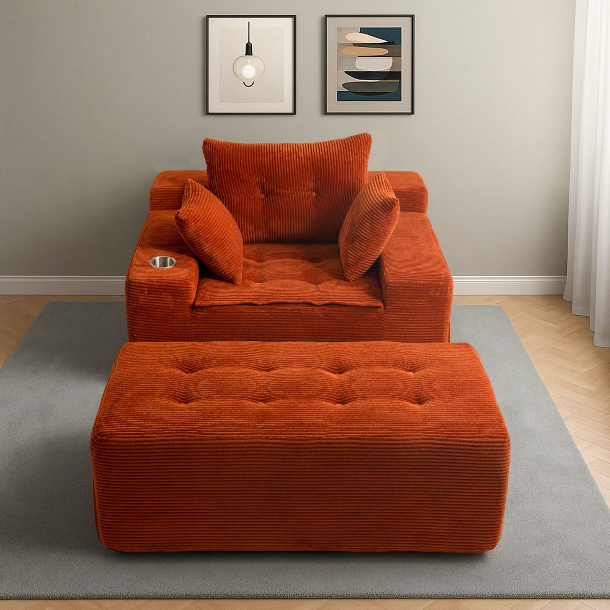 Canapé en velours côtelé avec pouf intégré et mousse à mémoire de forme - 123 cm (L) x 172 cm (l) x 62 cm (H)