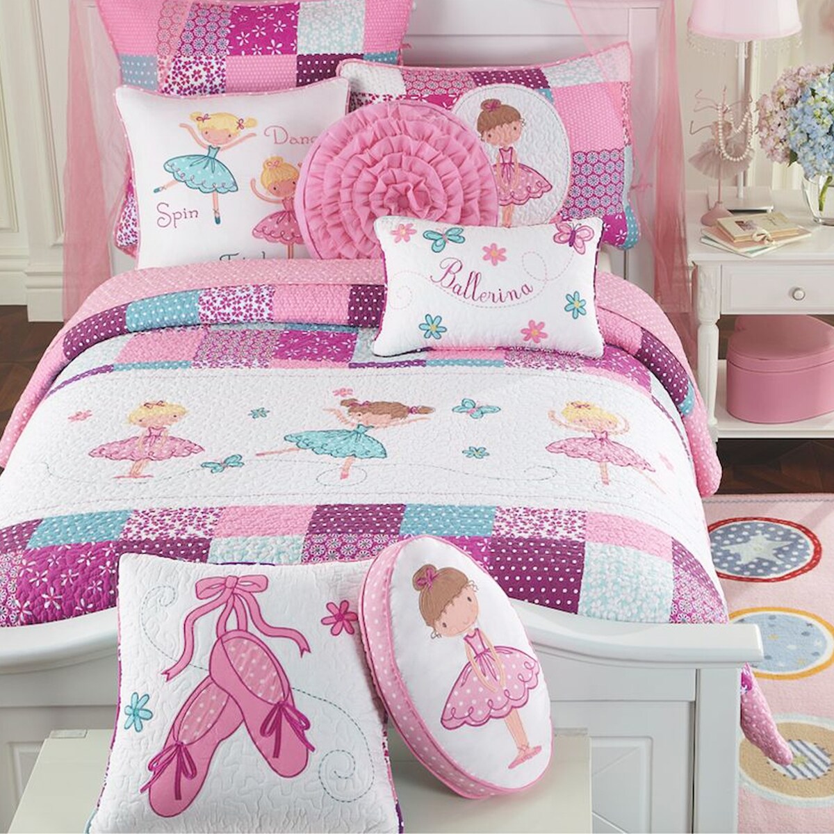 Parure de lit réversible Cozy Line Ballerina rose pour fille, en coton, avec coussins décoratifs