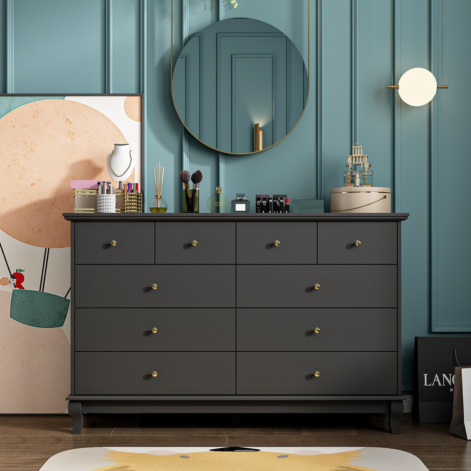 Commode double à 10 tiroirs pour chambre à coucher, blanche, grand espace de rangement