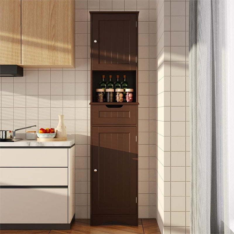 Armoire à linge étroite de salle de bain de 170 cm de haut, 5 niveaux, en bois massif, meuble de rangement autoportant