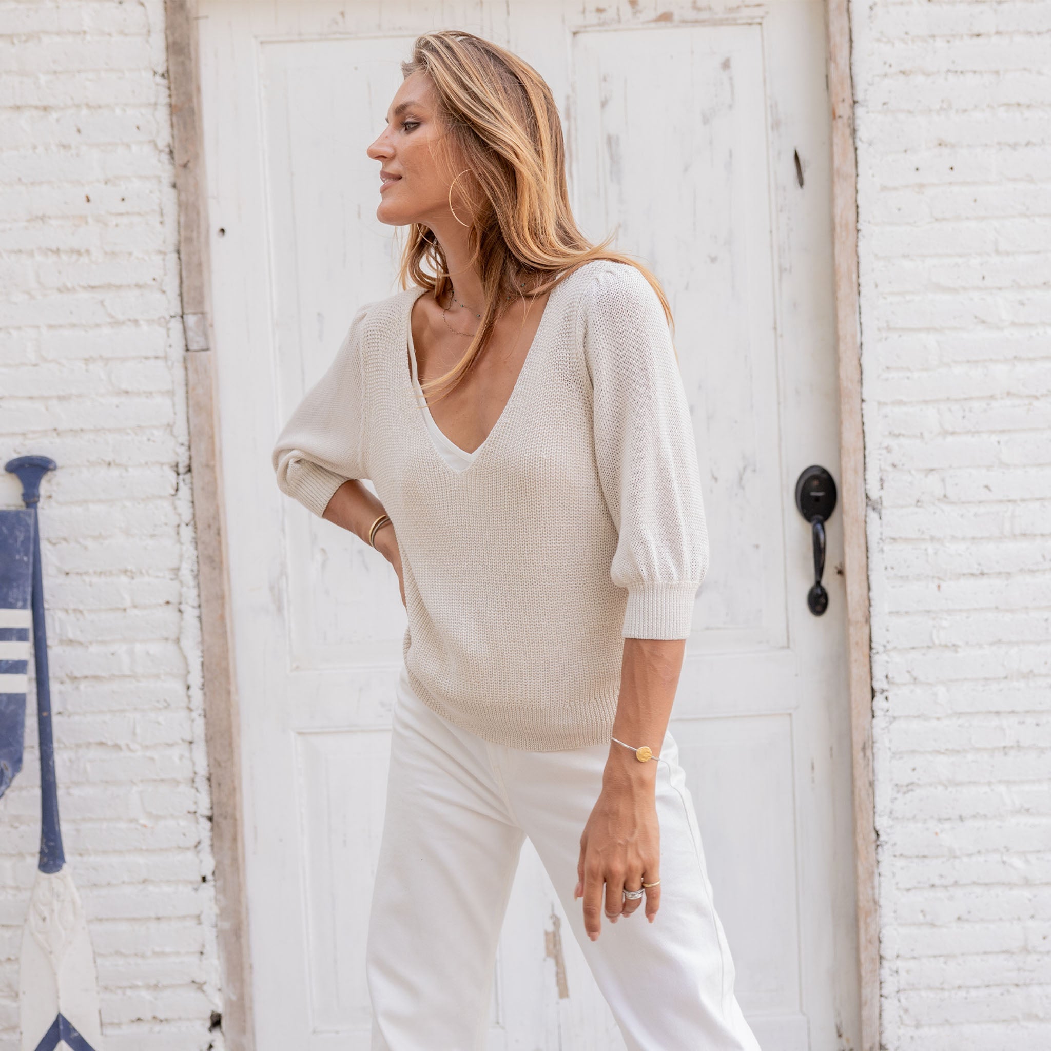 Haut à manches 3/4 en V Justine Mercer couleur demi-lune